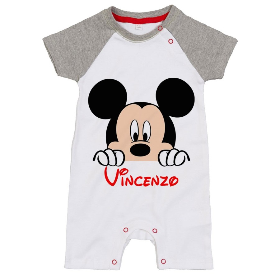 Pagliaccetto neonato personalizzato con nome topolino che esce dalla tasca Cartoon