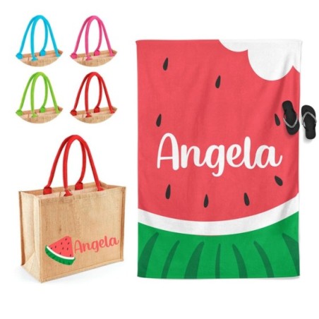 Coordinato telo e borsa mare personalizzato con nome anguria