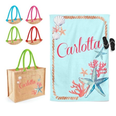 Coordinato telo e borsa mare personalizzato con nome corallo