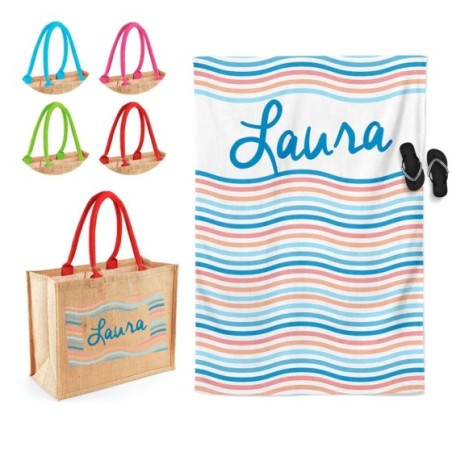 Coordinato telo e borsa mare personalizzato con nome onde Summer