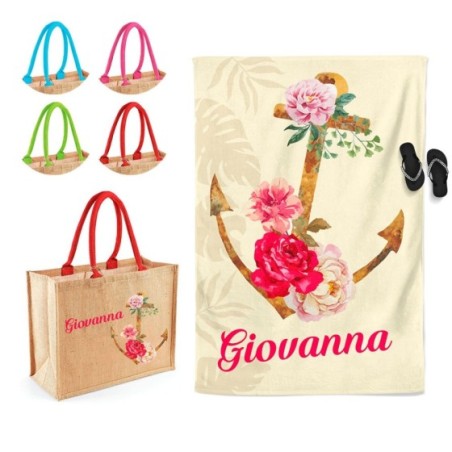 Coordinato telo e borsa mare personalizzato con nome ancora