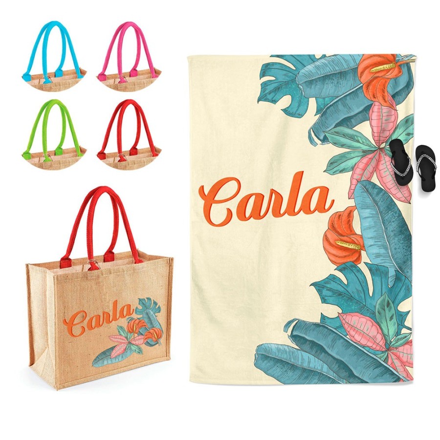 Coordinato telo e borsa mare personalizzato con nome fiori e foglie  Summer
