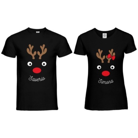 Coppia di maglie personalizzabili con nomi con renna natalizia Natale