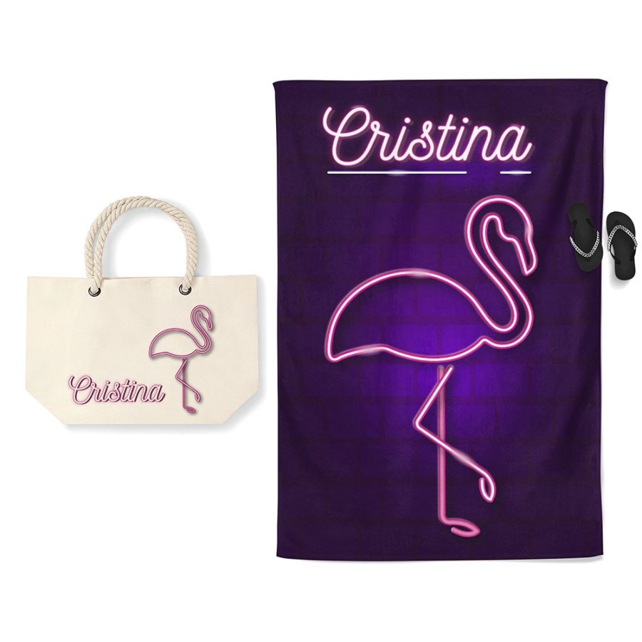 Coordinato telo e borsa mare personalizzato con nome fenicottero Summer