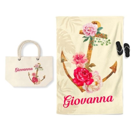 Coordinato telo e borsa mare personalizzato con nome ancora