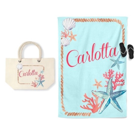 Coordinato telo e borsa mare personalizzato con nome corallo