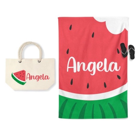 Coordinato telo e borsa mare personalizzato con nome anguria