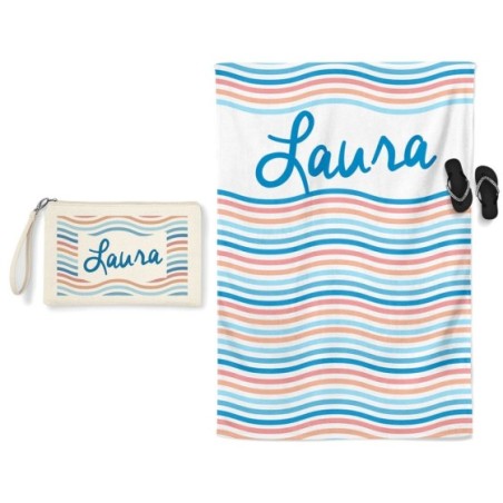 Coordinato telo e pochette mare personalizzato con nome onde