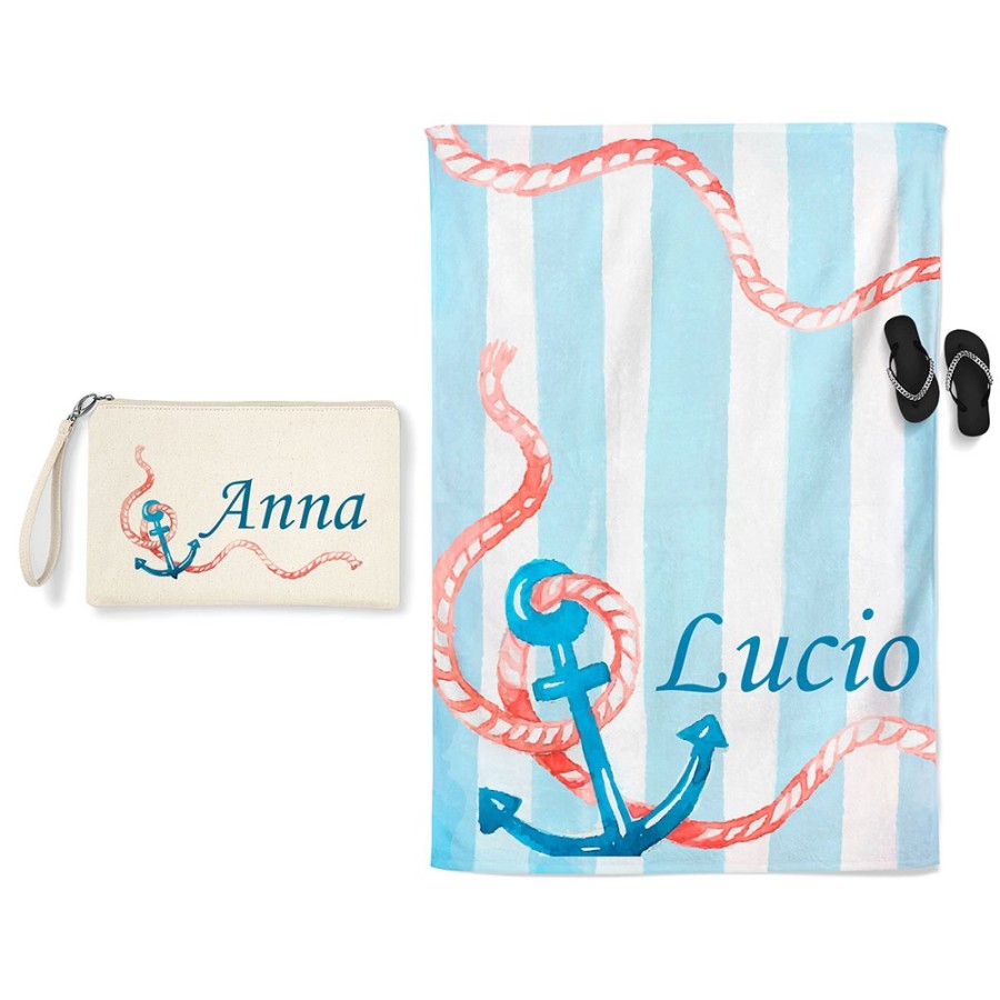 Coordinato telo e pochette mare personalizzato con nome ancora watercolor  Summer