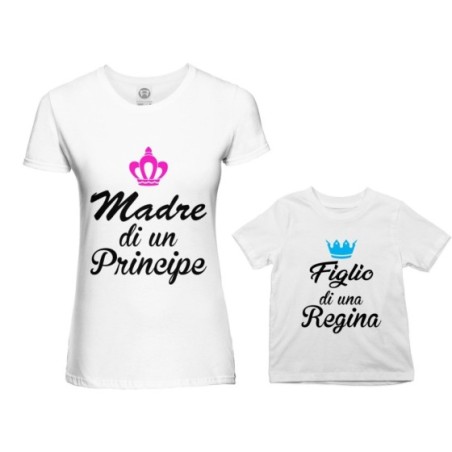 Coordinato t-shirt madre figlio madre di un principe di una principessa figlio figlia di una regina con corona azzurra fucsia Pe