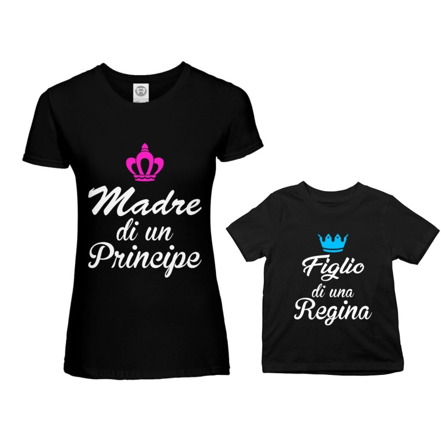 Coordinato t-shirt madre figlio madre di un principe di una principessa figlio figlia di una regina con corona azzurra fucsia Pe