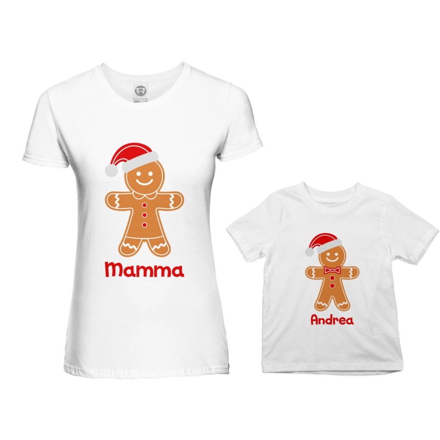 Coordinato t-shirt madre figlio personalizzabile con nome omini di pan di zenzero Natale