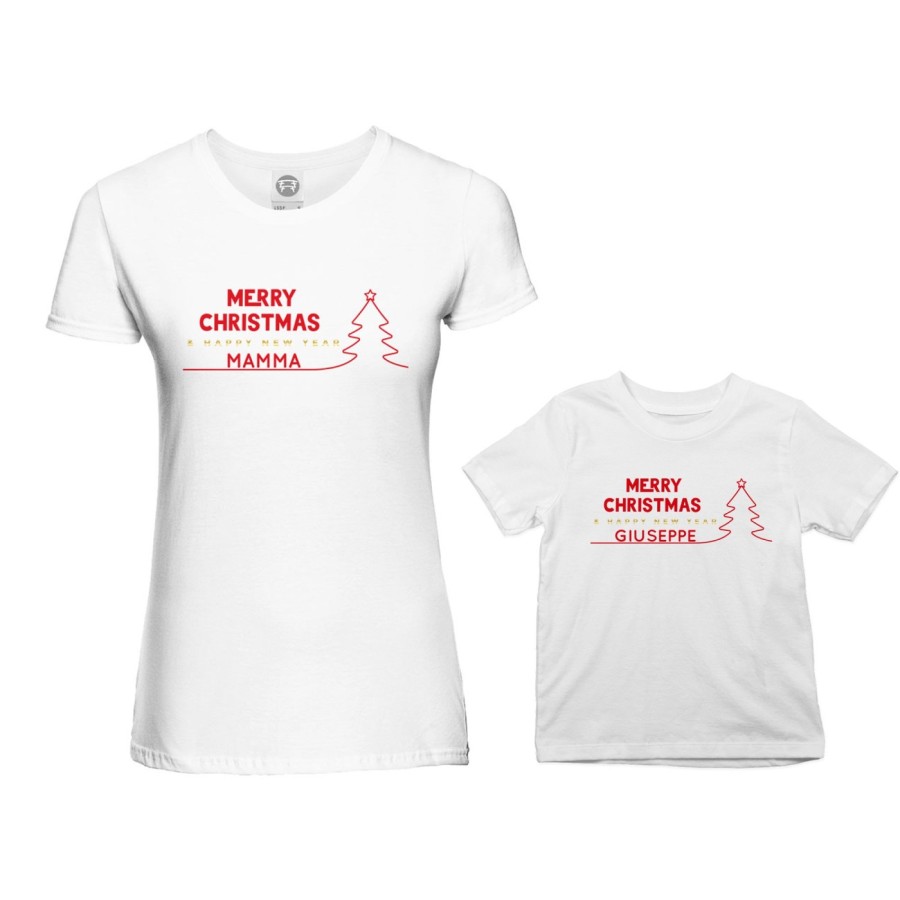 Coordinato t-shirt madre figlio personalizzato con nome merry christmas and happy new year Natale