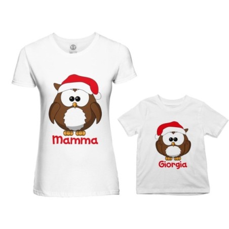 Coordinato t-shirt madre figlio personalizzato con nome gufetti natalizi Natale