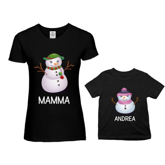 Coordinato t-shirt madre figlio personalizzabile con nomi pupazzi di neve Natale