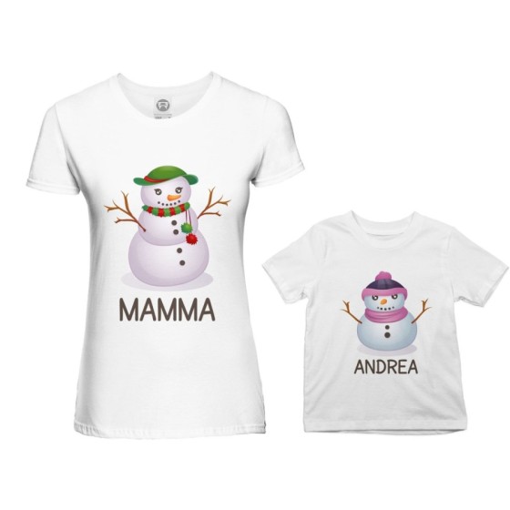Coordinato t-shirt madre figlio personalizzabile con nomi pupazzi di neve Natale 2