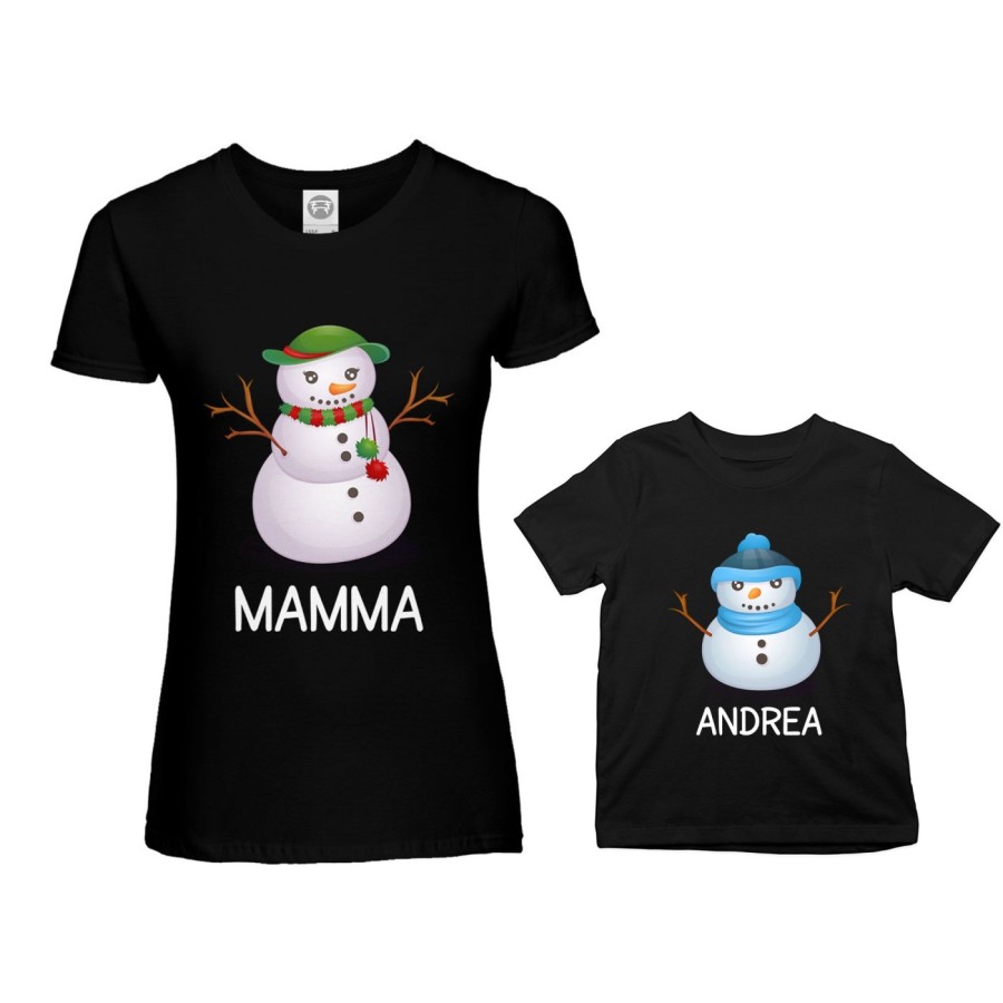 Coordinato t-shirt madre figlio personalizzabile con nomi pupazzi di neve Natale