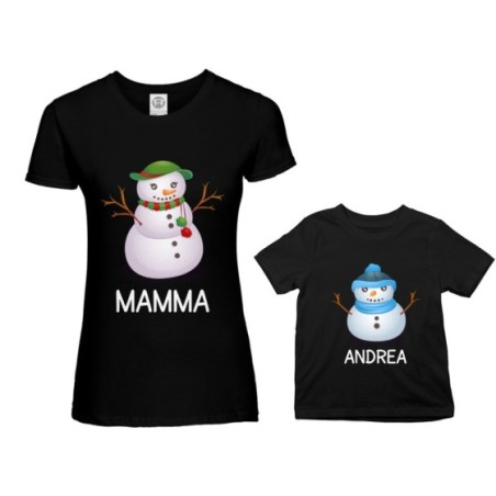 Coordinato t-shirt madre figlio personalizzabile con nomi pupazzi di neve Natale