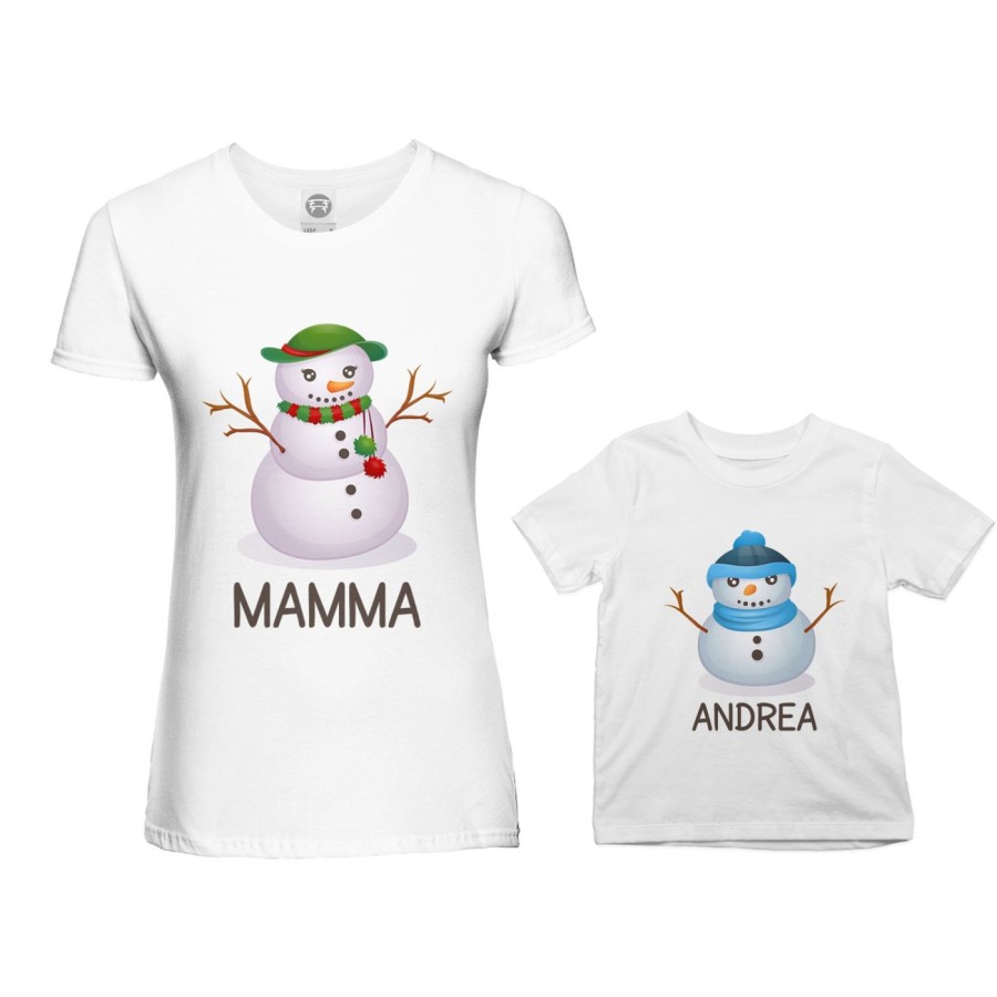 Coordinato t-shirt madre figlio personalizzabile con nomi pupazzi di neve Natale