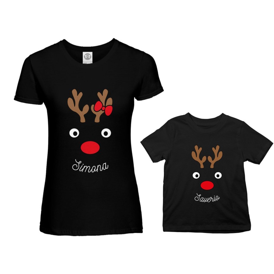 Coordinato t-shirt madre figlio personalizzabile con nomi renne natalizie Natale