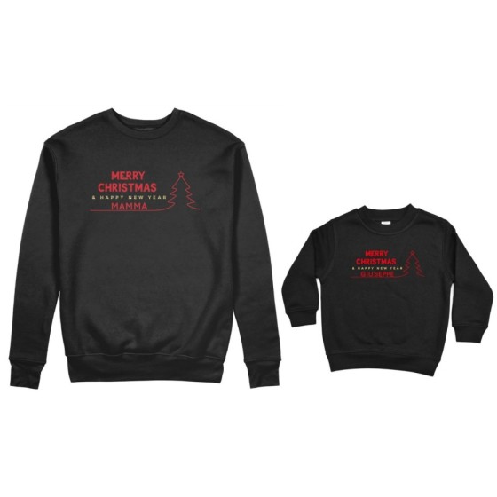 Coordinato felpe madre figlio personalizzato con nome merry christmas and happy new year Natale