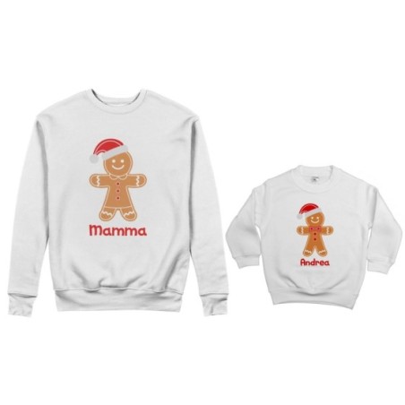 Coordinato felpe madre figlio personalizzabile con nome omini di pan di zenzero Natale