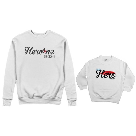 Coordinato felpe madre figlio personalizzato con anno heroine since little hero since Per la mamma