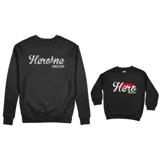 Coordinato felpe madre figlio personalizzato con anno heroine since little hero since Per la mamma 2