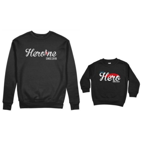 Coordinato felpe madre figlio personalizzato con anno heroine since little hero since Per la mamma