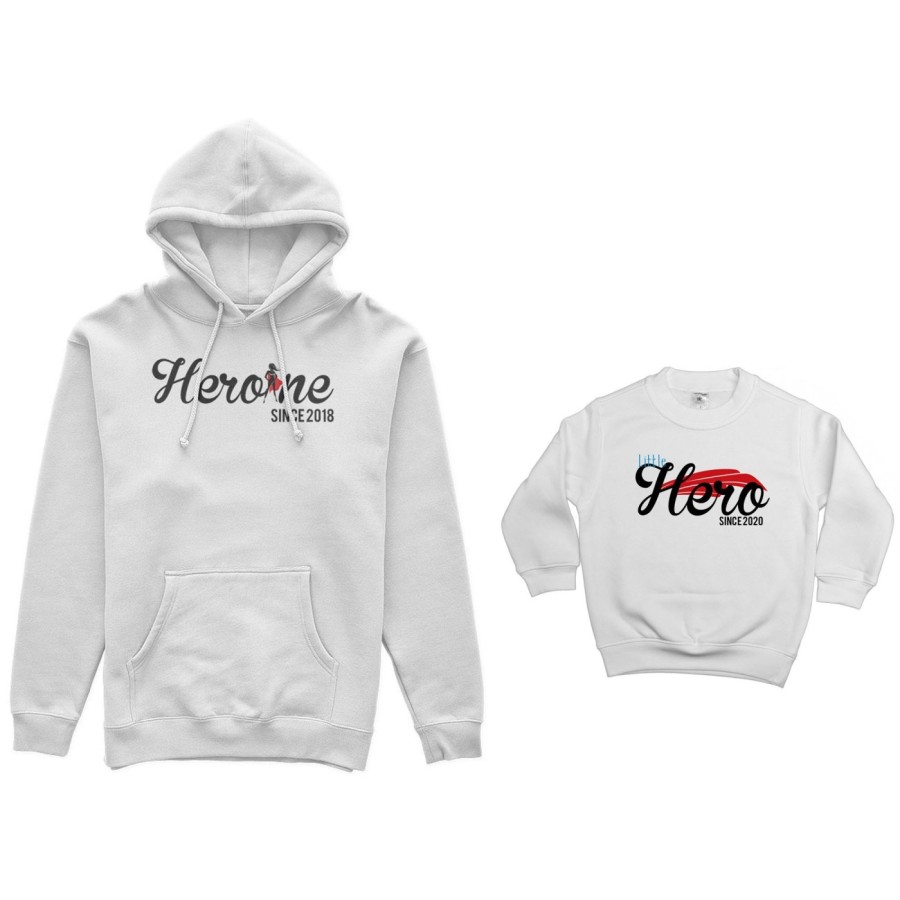 Coordinato felpe madre figlio personalizzato con anno heroine since little hero since Per la mamma