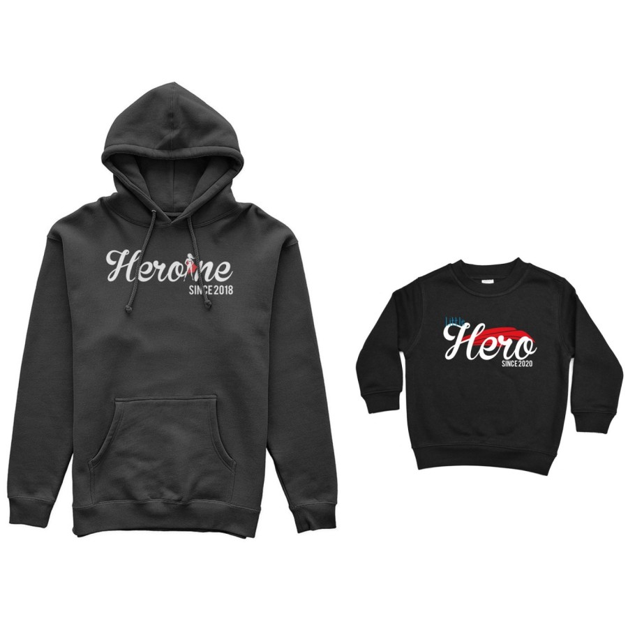 Coordinato felpe madre figlio personalizzato con anno heroine since little hero since Per la mamma