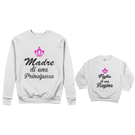 Coordinato felpe madre figlio madre di un principe di una principessa figlio figlia di una regina con corona azzurra fucsia Per