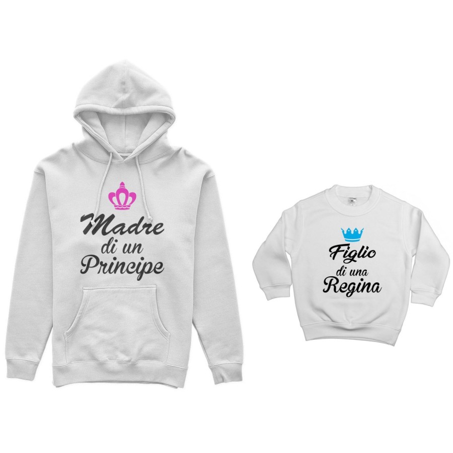 Coordinato felpe madre figlio madre di un principe di una principessa figlio figlia di una regina con corona azzurra fucsia Per