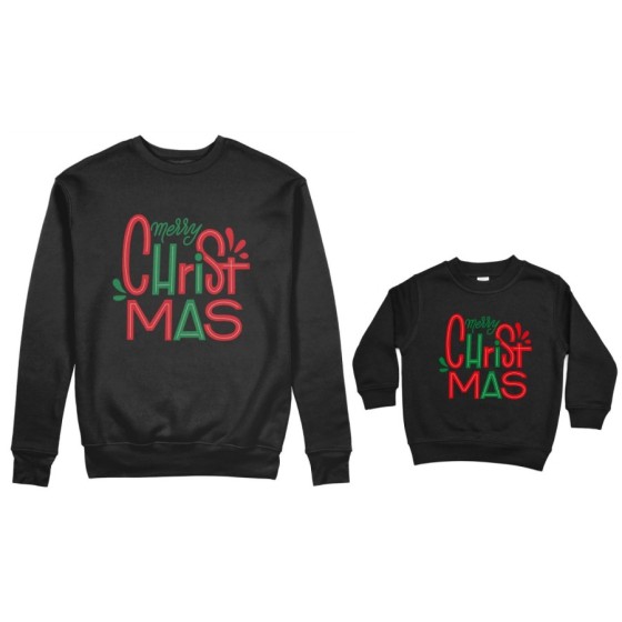 Coordinato felpe madre figlio personalizzabile con nomi merry christmas colorful Natale