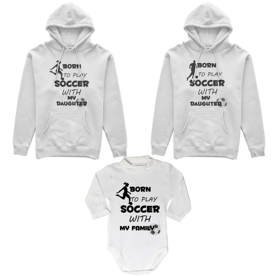 Tris felpe adulti neonato o body lupetto neonato born to play soccer with my son my daughter Per la famiglia