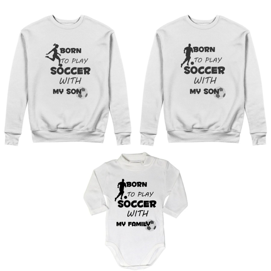Tris felpe adulti neonato o body lupetto neonato born to play soccer with my son my daughter Per la famiglia
