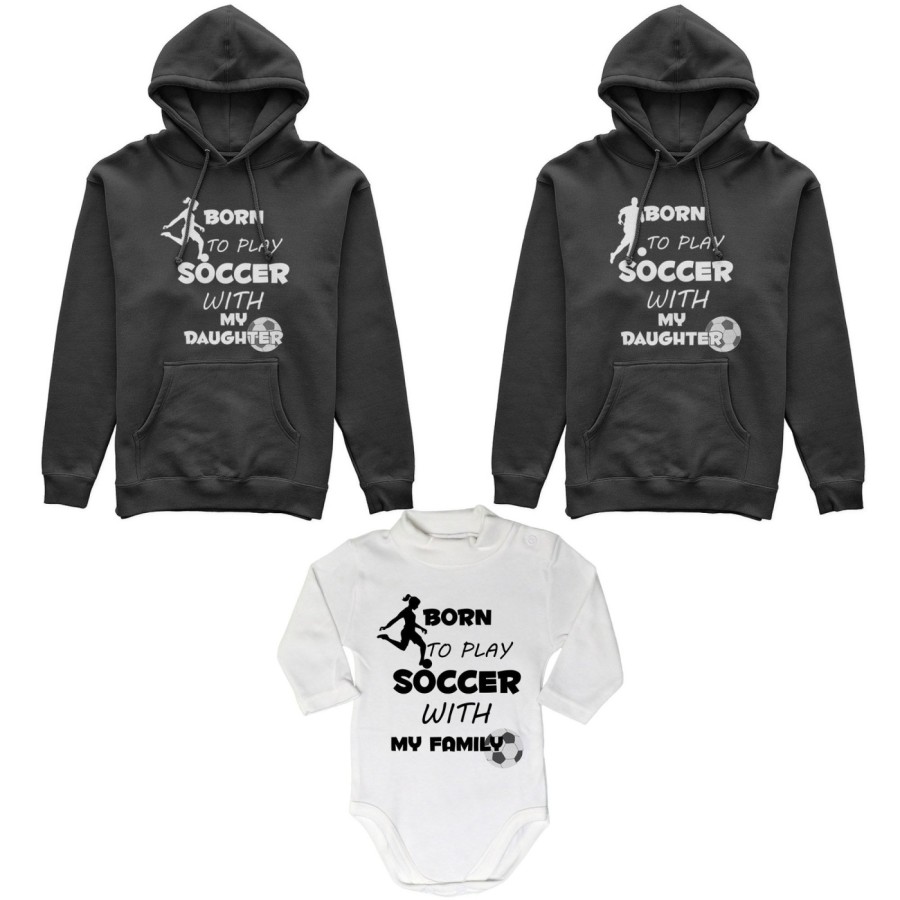 Tris felpe adulti neonato o body lupetto neonato born to play soccer with my son my daughter Per la famiglia