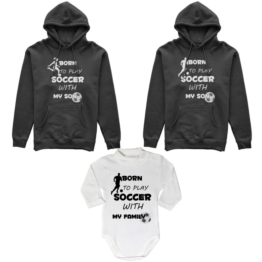 Tris felpe adulti neonato o body lupetto neonato born to play soccer with my son my daughter Per la famiglia