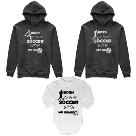 Tris felpe adulti neonato o body lupetto neonato born to play soccer with my son my daughter Per la famiglia