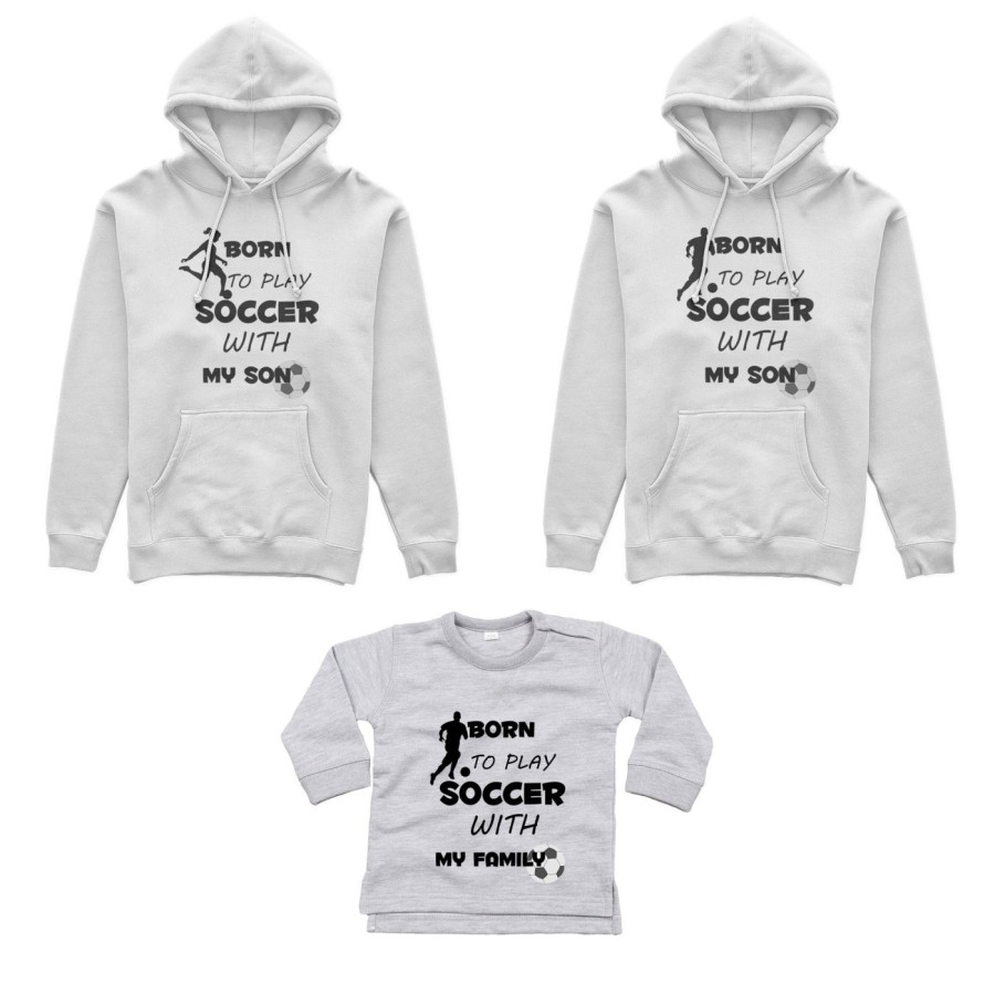 Tris felpe adulti neonato o body lupetto neonato born to play soccer with my son my daughter Per la famiglia