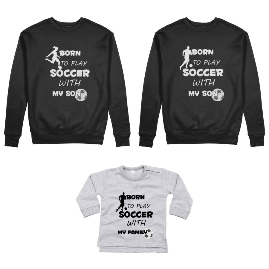 Tris felpe adulti neonato o body lupetto neonato born to play soccer with my son my daughter Per la famiglia