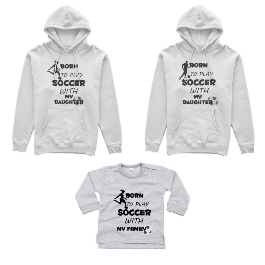 Tris felpe adulti neonato o body lupetto neonato born to play soccer with my son my daughter Per la famiglia