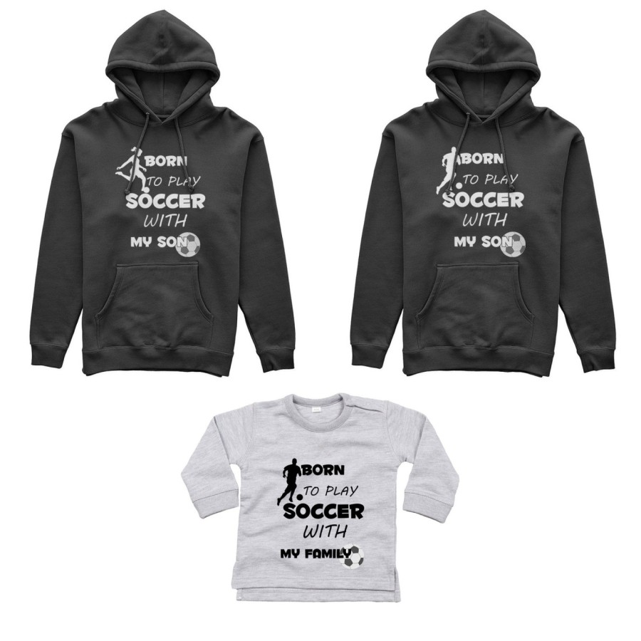 Tris felpe adulti neonato o body lupetto neonato born to play soccer with my son my daughter Per la famiglia