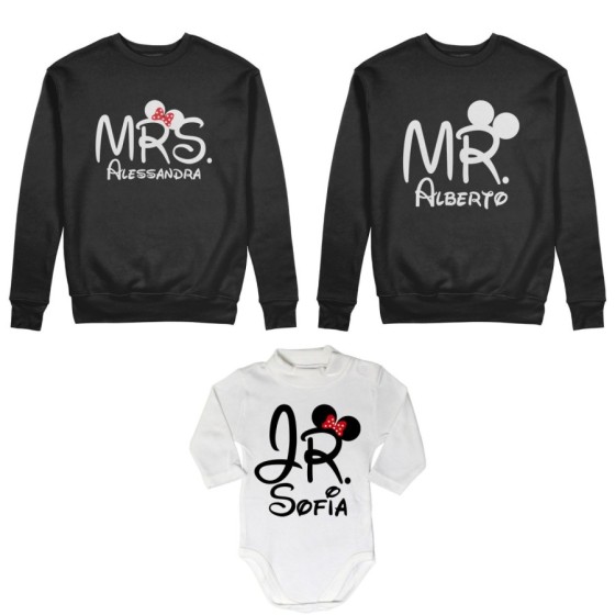 Tris felpe adulti neonato o body lupetto neonato personalizzabile con nomi mr mrs e jr Per la famiglia