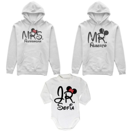 Tris felpe adulti neonato o body lupetto neonato personalizzabile con nomi mr mrs e jr Per la famiglia