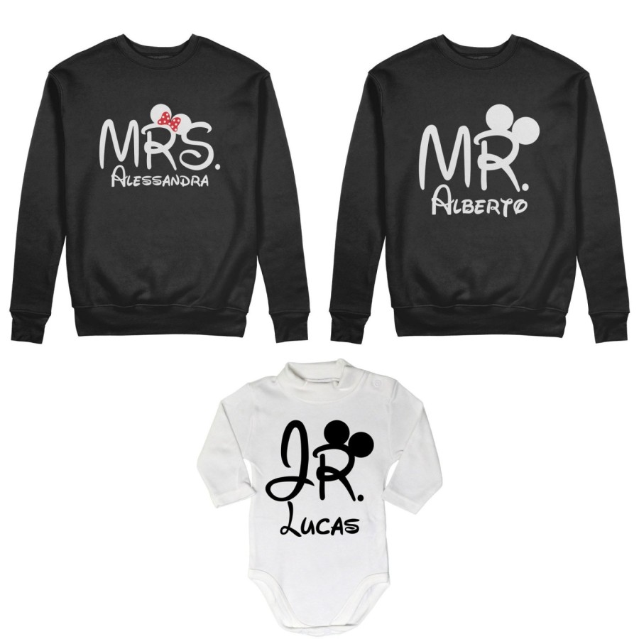 Tris felpe adulti neonato o body lupetto neonato personalizzabile con nomi mr mrs e jr Per la famiglia