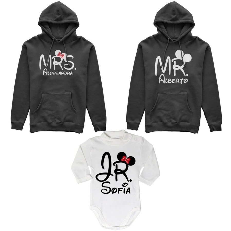 Tris felpe adulti neonato o body lupetto neonato personalizzabile con nomi mr mrs e jr Per la famiglia