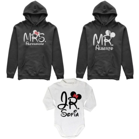Tris felpe adulti neonato o body lupetto neonato personalizzabile con nomi mr mrs e jr Per la famiglia