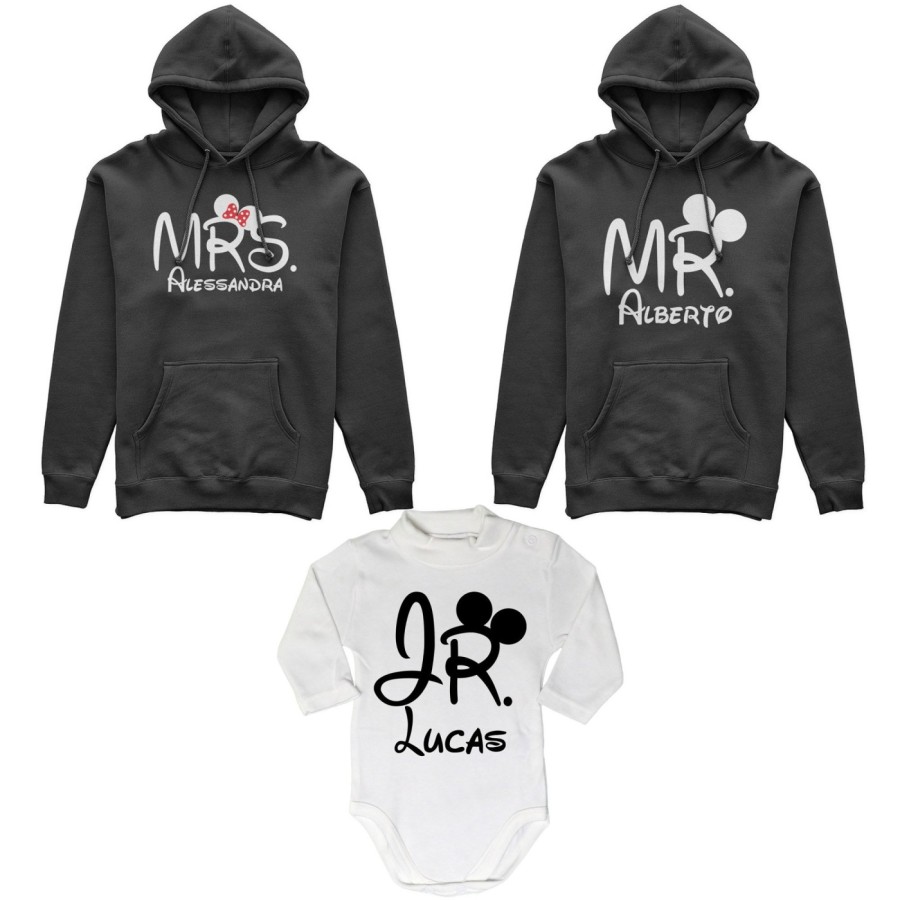 Tris felpe adulti neonato o body lupetto neonato personalizzabile con nomi mr mrs e jr Per la famiglia