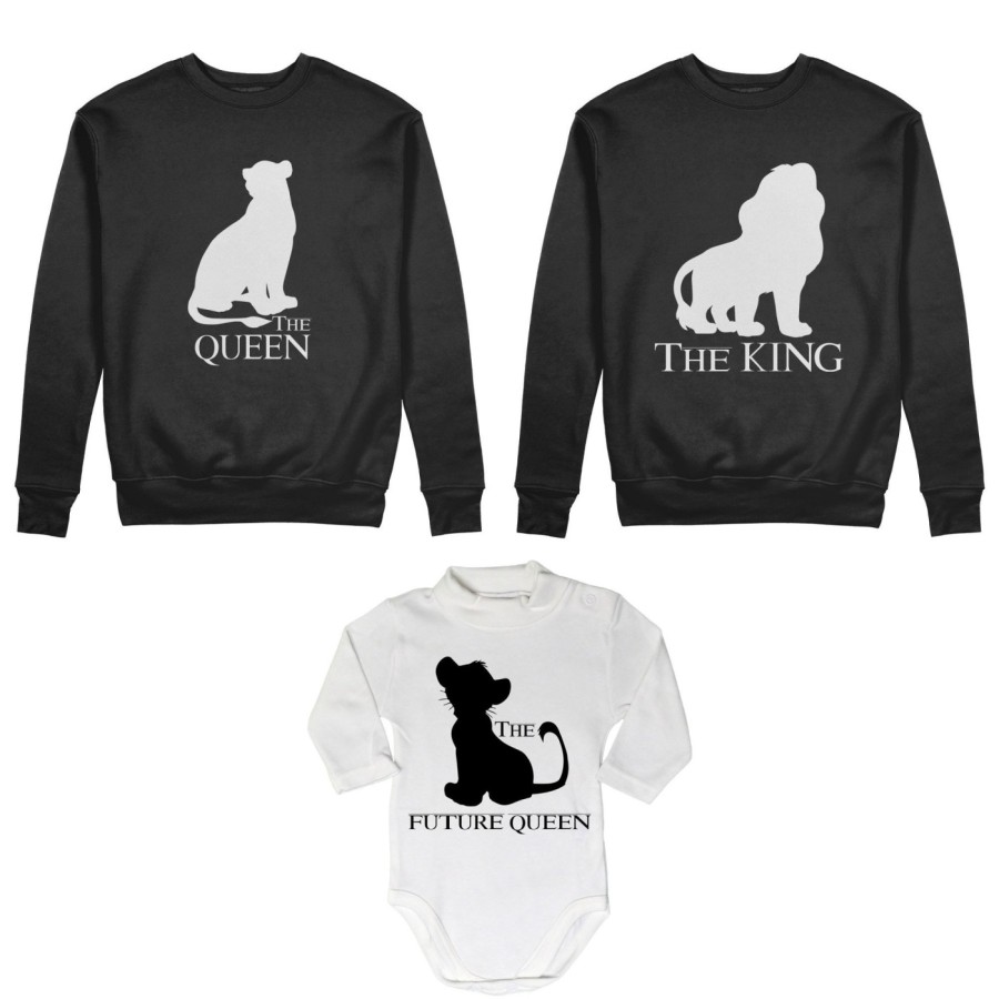 Tris felpe adulti neonato o body lupetto neonato the king the queen the future king lion Per la famiglia